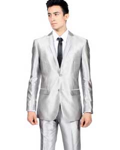  Mens Slim Fit Shiny Silver Tuxedo Formal Looking Sharkskin Suit 