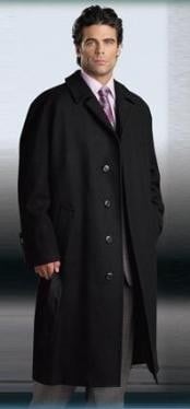  Mens Dress Coat 3 Button Jet Black Full Length Wool and Cashmere