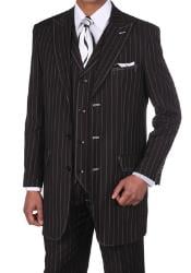  Mens Classic Bold Chalk Gangster Stripe 3 Button Pinstripe Suits w/Vest Black