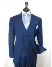  Mens Shadow Stripe Style Two Buttons Blue Vested Suit $180 44R