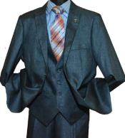  Mens Suit Vested Three Piece Suit Teal Blue - Denim Color 