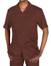  Mens Linen Suit - Mens Collared Button Closure Brown Short Sleeve Shirt