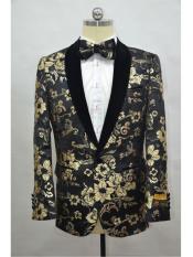  Black And Gold Two Toned Paisley Floral Blazer Tuxedo Dinner Jacket Fashion