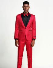  Red Suit Paisley Slim Fit Tuxedo Three Piece Set - Wedding -