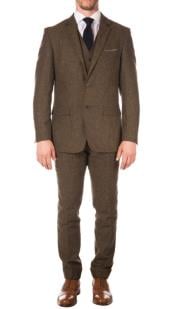  Tweed 3 Piece Suit - Tweed Wedding Suit Mens Cognac One Chest