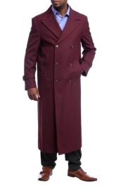  Mens Full Length Overcoat Burgundy Red Wool Gabardine Double Breasted Trench Coat