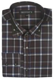  Patterned Dress Shirt - Mens Brown Fashion Plaid High Collar Shirt With