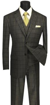  Mens Windowpane Suit 3 Piece in Brownish Olive