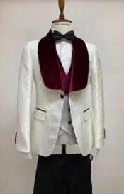  Ivory and Burgundy Tuxedo - Cream Wedding Groom Suit With Vest and