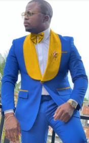  Royal Blue Tuxedo With Gold Lapel Jacket + Pants + Vest -