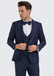  Blue Textured Tuxedo With Satin Trim Four Piece Set - Wedding - Prom