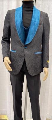  Black and Blue Tuxedo - Teal Green Tuxedo Lapel Black Paisley Fabric  With Vest