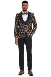  Black and Pink Shiny Floral Mens 3pc Suit