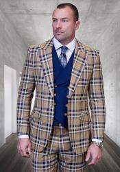  Tan Plaid Suit - Camel Khaki Color Windowpane Pattern Suit - Wool