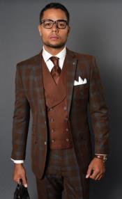  Brown Plaid Suit - Copper - Orange - Rust Color Windowpane Pattern