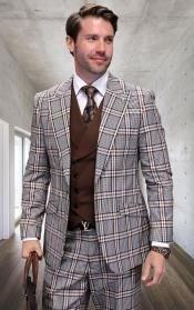  Tan Plaid Suit - Camel Khaki Color Windowpane Pattern Suit - Wool