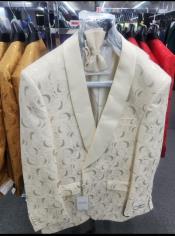  Paisley Tuxedo Dinner Jacket - Ivory - Cream - Off White Mens Blazer + Bowtie - Prom Jackets