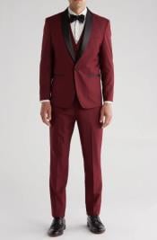  Shawl Collar Tuxedo Vested Suit - Burgundy Wedding Prom Suit